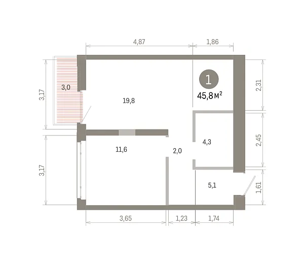 Количество комнат: 1,  45.82 кв.м.