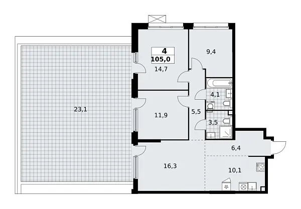 Новая 4-к квартира
 105 м² на 2/18 этаже в ЖК «Скандинавия» в городе Тюмень 