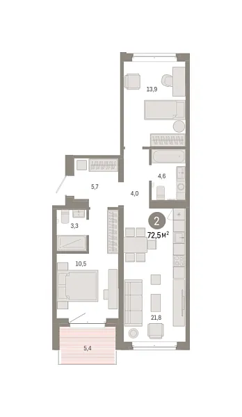 Новая 2-к квартира
 72.5 м² на 6/8 этаже в ЖК «Кварталы «На Минской»» в городе Тюмень 