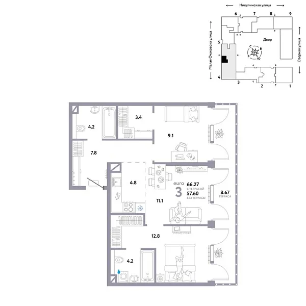 Новая 3-к квартира
 66.27 м² на 8/30 этаже в ЖК «Страна.Озёрная» в городе Тюмень 