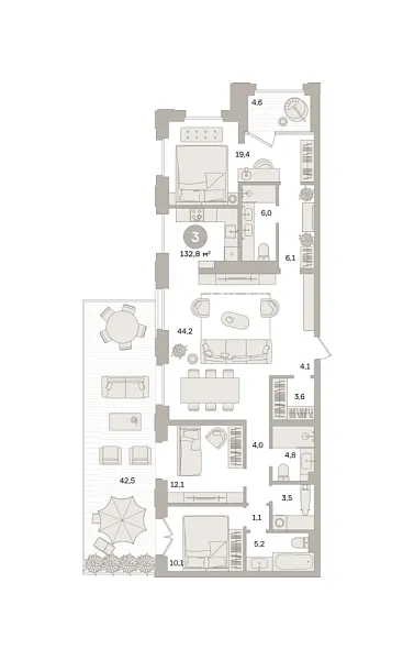 Новая 3-к квартира
 174.27 м² на 4/27 этаже в ЖК «Квартал «МОНС»» в городе Тюмень 