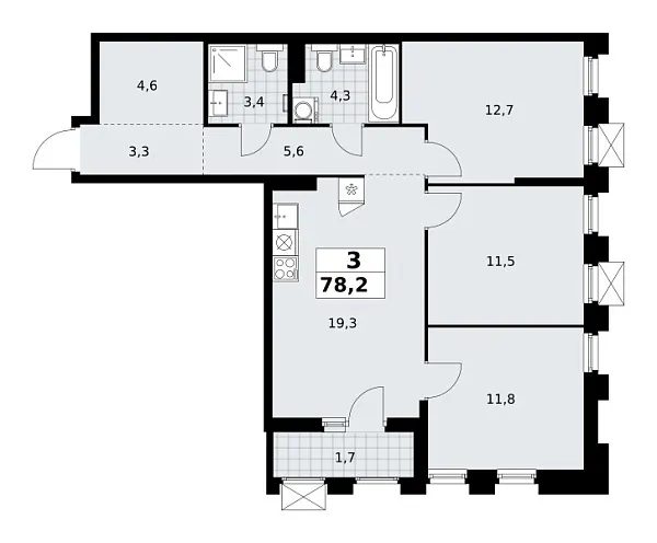 Новая 3-к квартира
 78.2 м² на 18/22 этаже в ЖК «Деснаречье» в городе Тюмень 