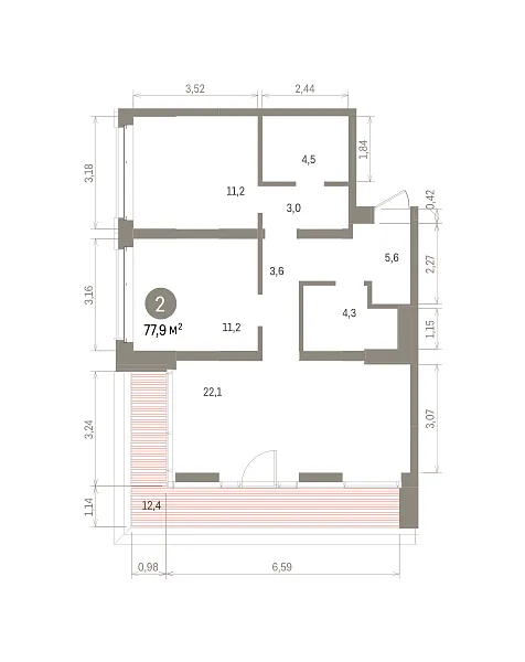 Количество комнат: 2,  77.85 кв.м.