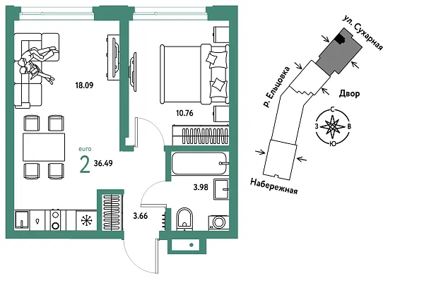 Новая 2-к квартира
 36.49 м² на 27/29 этаже в ЖК «Страна.Береговая» в городе Тюмень 