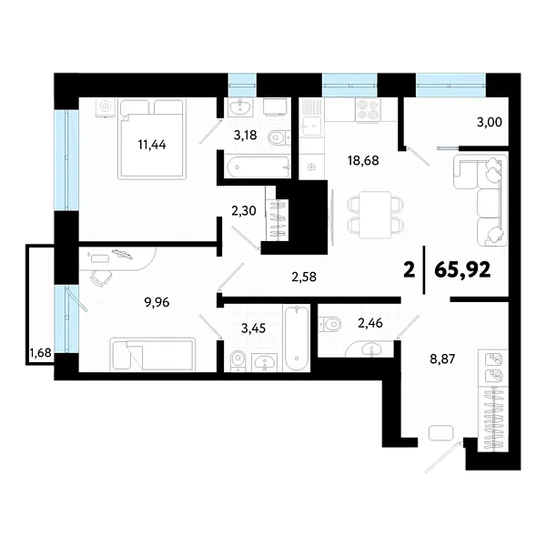 Новая 2-к квартира
 65.92 м² на 17/24 этаже в ЖК «Квартал в Гагаринском парке» в городе Тюмень 