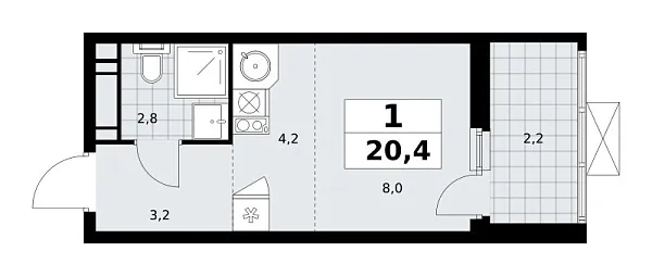 Новая 1-к квартира
 20.4 м² на 12/13 этаже в ЖК «Скандинавия» в городе Тюмень 