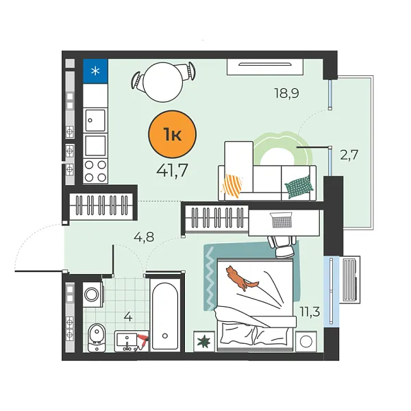 Новая 1-к квартира
 39 м² на 8/25 этаже в ЖК «Корней» в городе Тюмень 