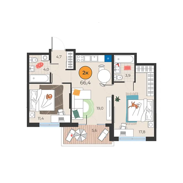 Новая 2-к квартира
 60.8 м² на 1/25 этаже в ЖК «Корней» в городе Тюмень 