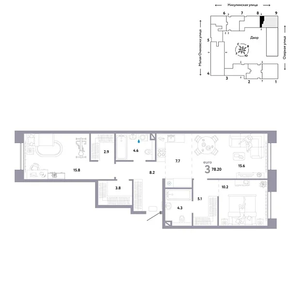 Новая 3-к квартира
 78.2 м² на 2/30 этаже в ЖК «Страна.Озёрная» в городе Тюмень 