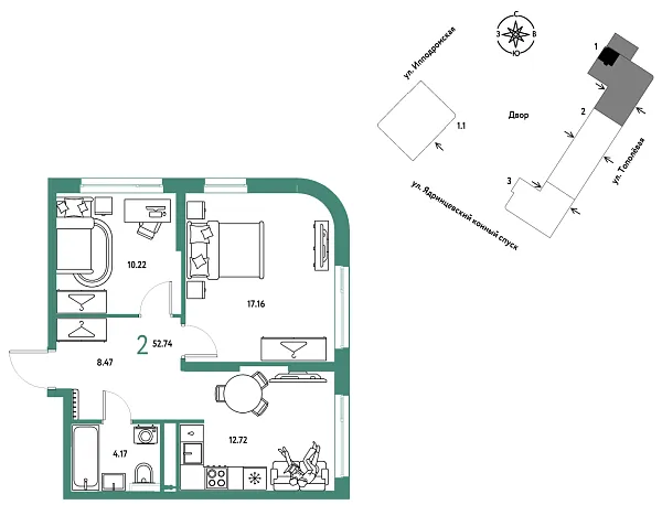 Новая 2-к квартира
 52.74 м² на 6/9 этаже в ЖК «Страна.Тополёвая» в городе Тюмень 