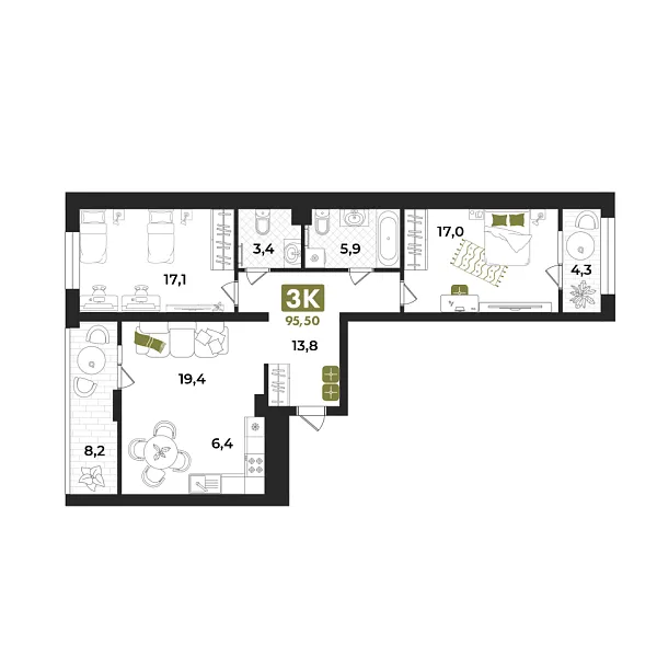 Новая 3-к квартира
 95.8 м² на 4/15 этаже в ЖК «Опера» в городе Тюмень 