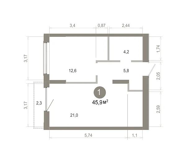 Количество комнат: 1,  45.93 кв.м.