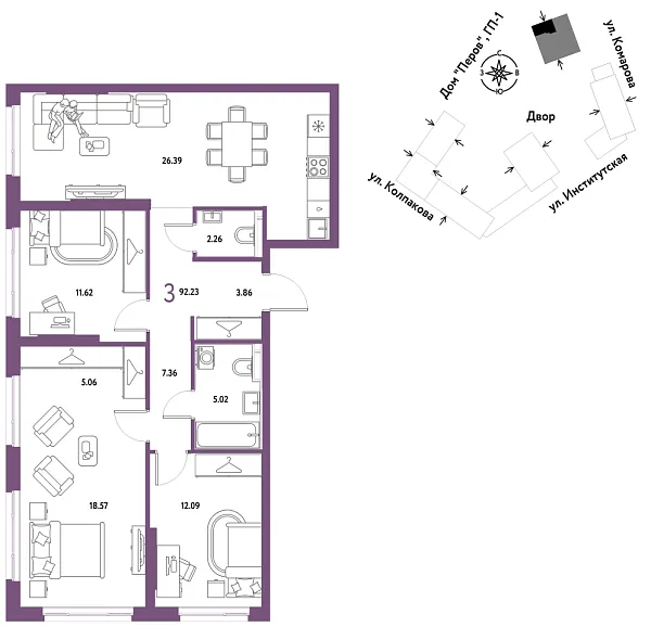 Новая 3-к квартира
 92.23 м² на 5/25 этаже в ЖК «Страна.Парковая» в городе Тюмень 
