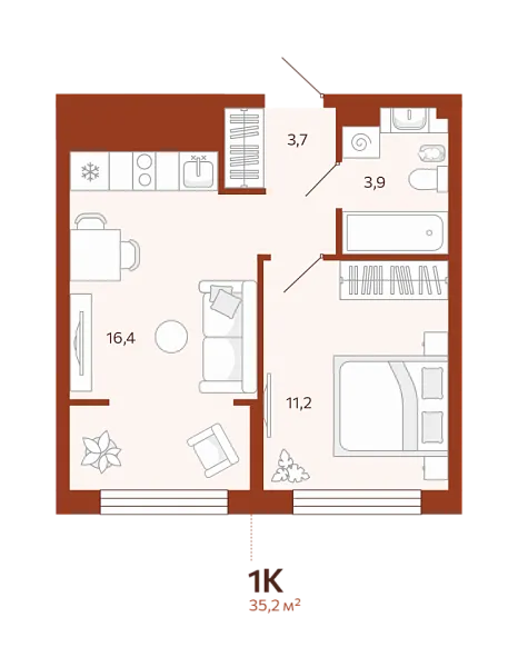 Новая 1-к квартира
 35.19 м² на 2/14 этаже в ЖК «ЖК Новатор» в городе Тюмень 