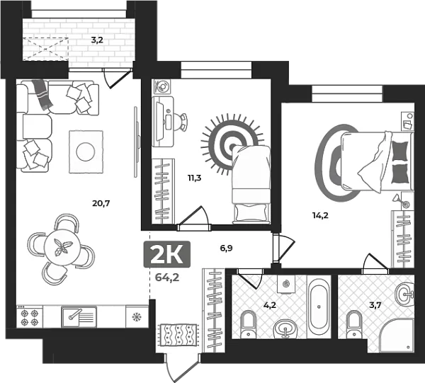 Новая 2-к квартира
 61.3 м² на 8/23 этаже в ЖК «Маэстро» в городе Тюмень 