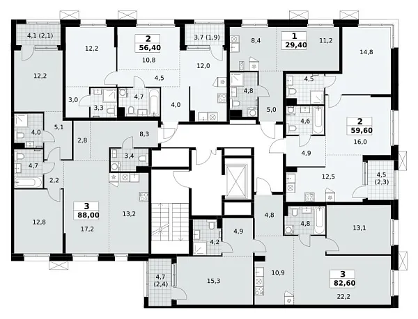 Количество комнат: 3,  88 кв.м.