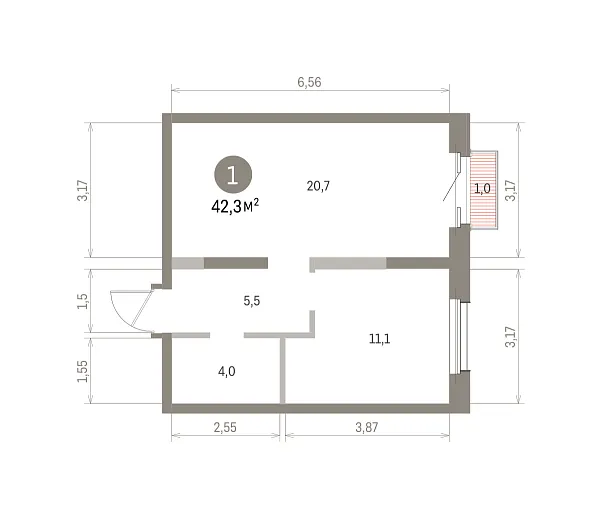 Количество комнат: 1,  42.3 кв.м.