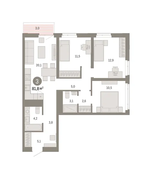 Новая 3-к квартира
 81.8 м² на 7/18 этаже в ЖК «Республики 205» в городе Тюмень 