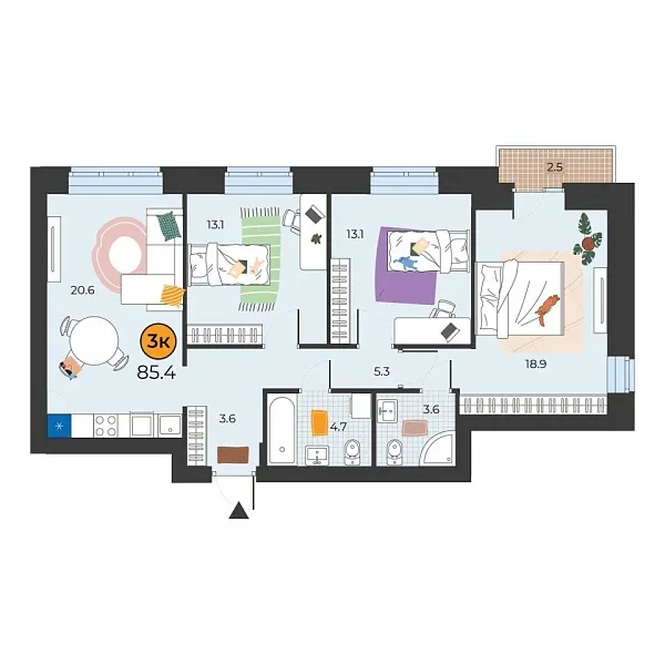 Новая 3-к квартира
 85.4 м² на 3/7 этаже в ЖК «Корней» в городе Тюмень 