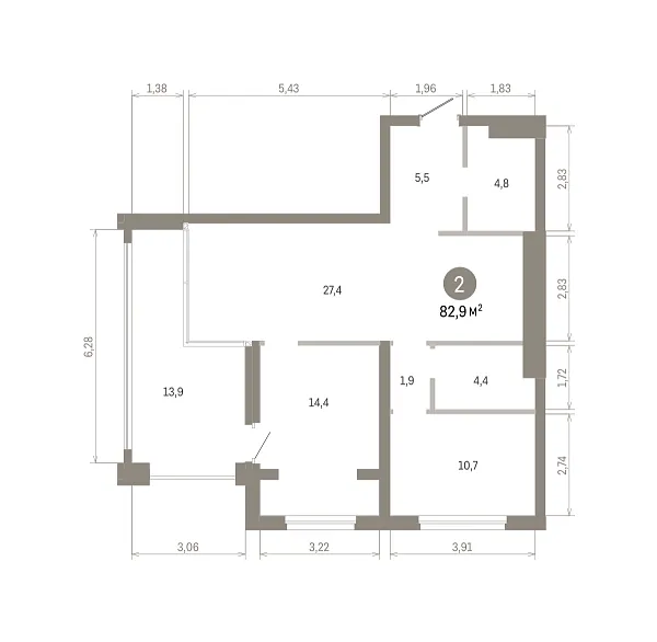 Количество комнат: 2,  82.93 кв.м.