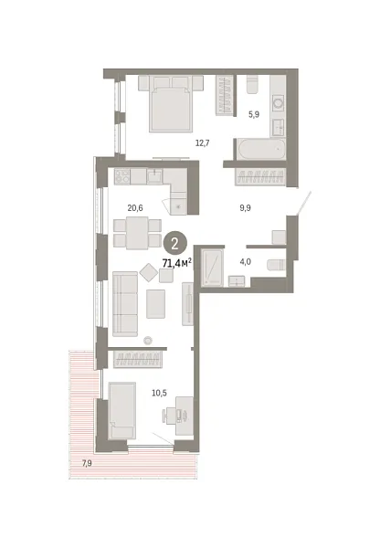 Новая 2-к квартира
 71.43 м² на 8/25 этаже в ЖК «Октябрьский на Туре» в городе Тюмень 