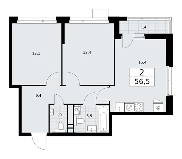 Новая 2-к квартира
 56.5 м² на 9/10 этаже в ЖК «Родные кварталы» в городе Тюмень 