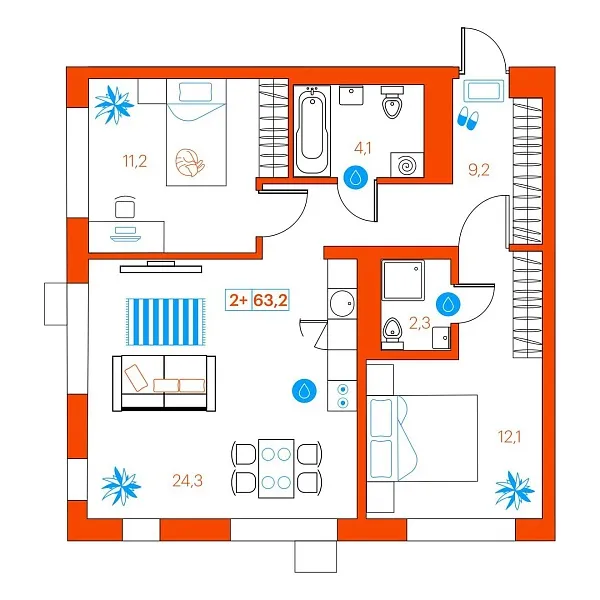 Количество комнат: 2,  63.5 кв.м.