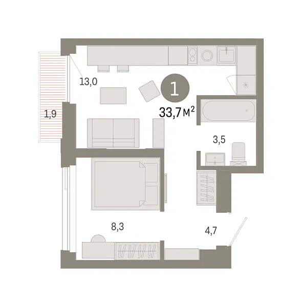 Новая 1-к квартира
 33.71 м² на 14/25 этаже в ЖК «Зарека» в городе Тюмень 