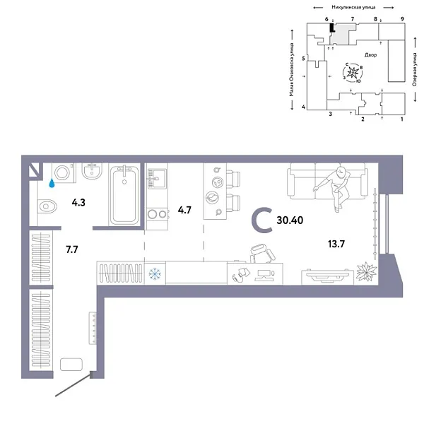Новая квартира-студия
 30.4 м² на 2/30 этаже в ЖК «Страна.Озёрная» в городе Тюмень 