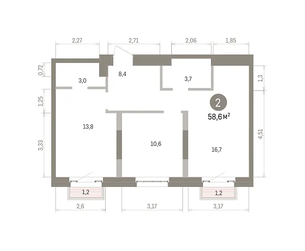 Количество комнат: 2,  58.6 кв.м.