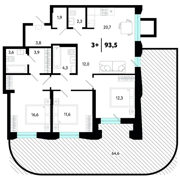 Новая 3-к квартира
 93.51 м² на 1/4 этаже в ЖК «Кедровый берег» в городе Тюмень 