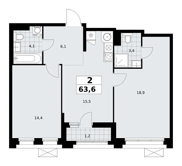 Новая 2-к квартира
 63.6 м² на 7/14 этаже в ЖК «Прокшино» в городе Тюмень 