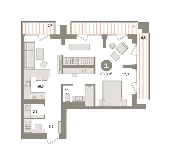 Количество комнат: 1,  69.3 кв.м.