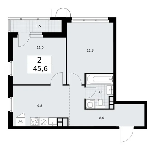 Новая 2-к квартира
 45.6 м² на 8/10 этаже в ЖК «Родные кварталы» в городе Тюмень 