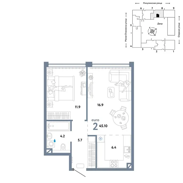 Новая 2-к квартира
 45.1 м² на 8/30 этаже в ЖК «Страна.Озёрная» в городе Тюмень 