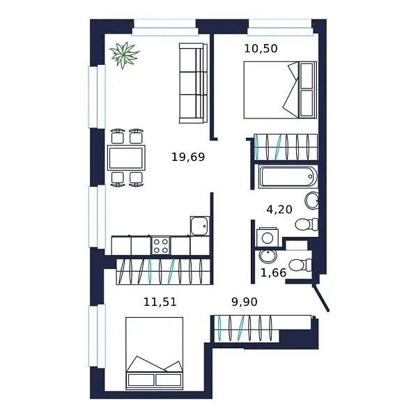 Новая 2-к квартира
 55.7 м² на 9/19 этаже в ЖК «Норден» в городе Тюмень 