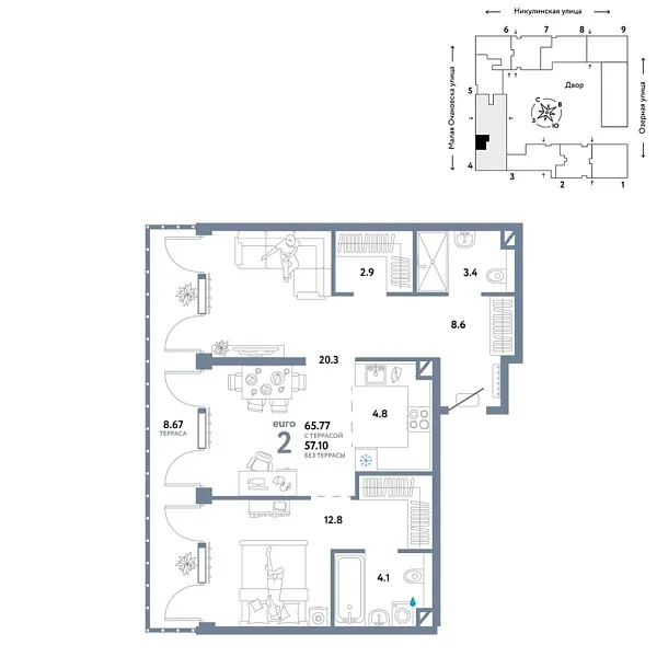 Новая 2-к квартира
 65.77 м² на 8/30 этаже в ЖК «Страна.Озёрная» в городе Тюмень 