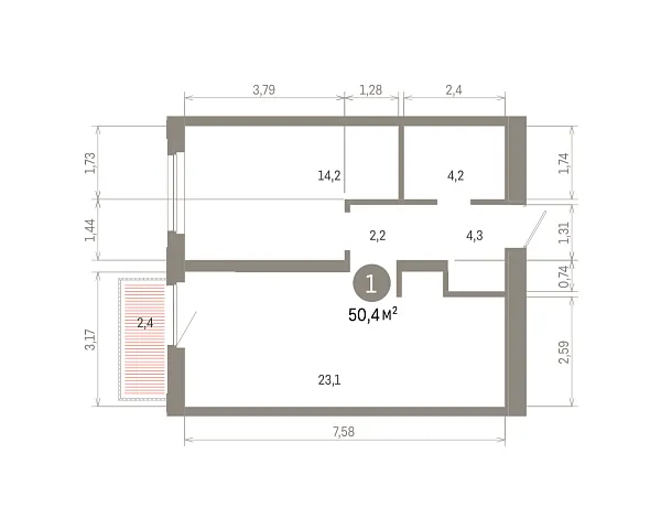 Количество комнат: 1,  50.4 кв.м.
