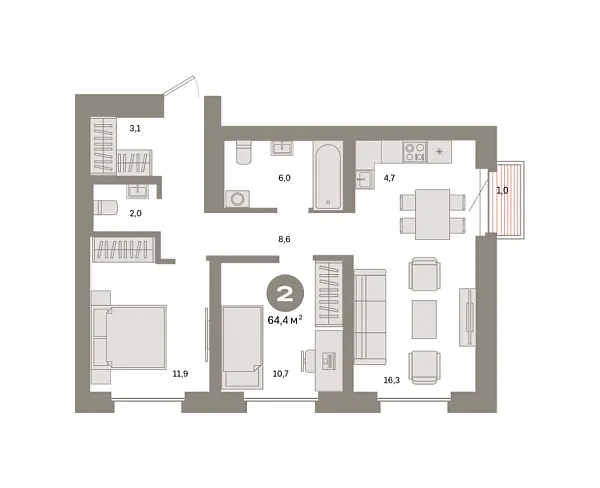 Новая 2-к квартира
 64.3 м² на 9/24 этаже в ЖК «Квартал «Метроном»» в городе Тюмень 