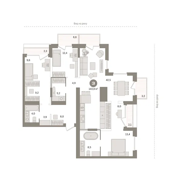 Новая 3-к квартира
 143.84 м² на 24/25 этаже в ЖК «Октябрьский на Туре» в городе Тюмень 