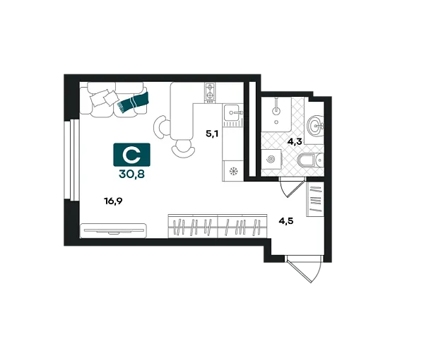 Новая квартира-студия
 30.8 м² на 16/23 этаже в ЖК «Добро» в городе Тюмень 