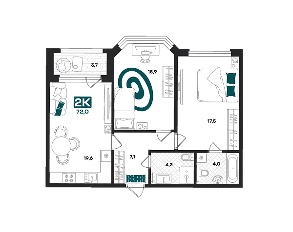 Новая 2-к квартира
 72 м² на 10/23 этаже в ЖК «Добро» в городе Тюмень 