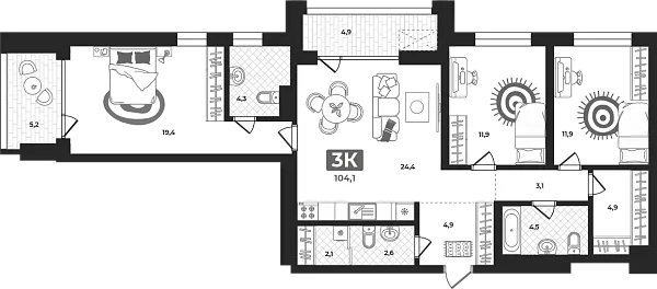 Новая 3-к квартира
 103.6 м² на 2/23 этаже в ЖК «Маэстро» в городе Тюмень 