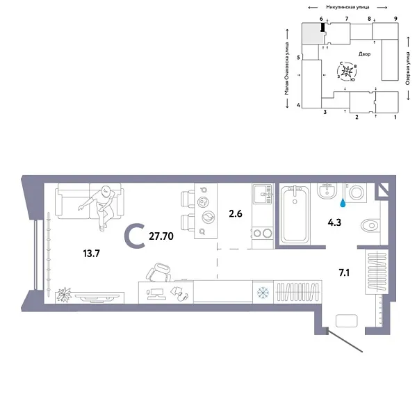 Новая квартира-студия
 27.7 м² на 19/30 этаже в ЖК «Страна.Озёрная» в городе Тюмень 