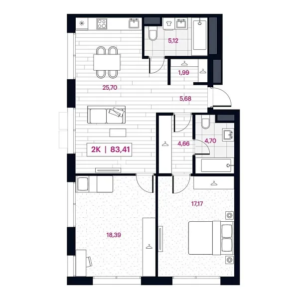 Новая 2-к квартира
 83.6 м² на 4/16 этаже в ЖК «Пушкина» в городе Тюмень 