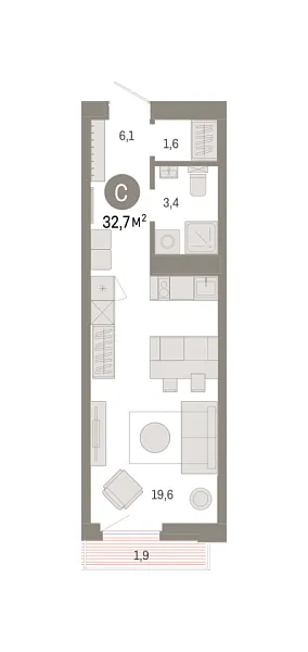 Новая квартира-студия
 32.72 м² на 6/25 этаже в ЖК «Зарека» в городе Тюмень 