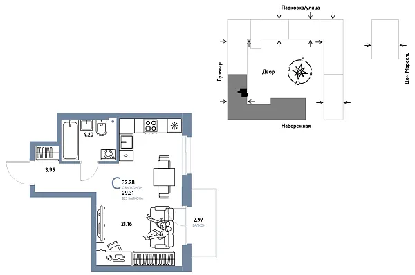 Новая квартира-студия
 32.28 м² на 6/24 этаже в ЖК «Европейский берег 2.0» в городе Тюмень 