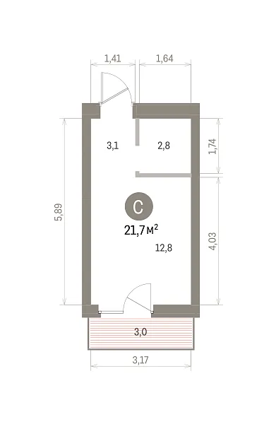 Количество комнат: Студия,  21.7 кв.м.