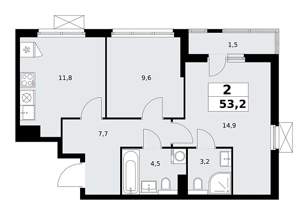 Новая 2-к квартира
 53.2 м² на 13/19 этаже в ЖК «Бунинские кварталы» в городе Тюмень 