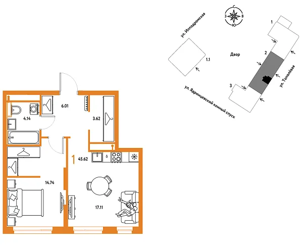 Новая 1-к квартира
 45.62 м² на 6/9 этаже в ЖК «Страна.Тополёвая» в городе Тюмень 